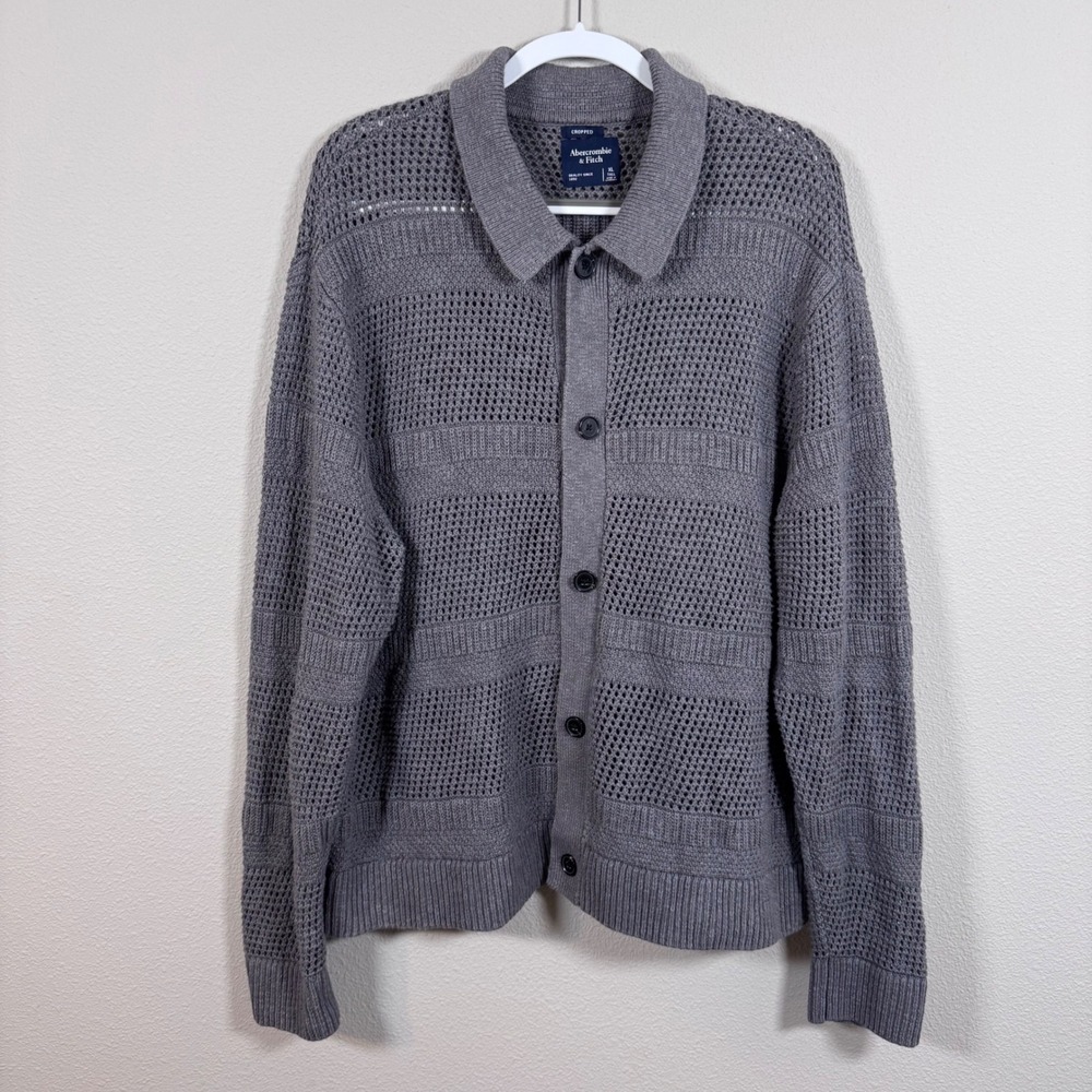 Abercrombie & Fitch Open Knit Cropped Cardigan Sweater Grey Preppy Men's XL Tall